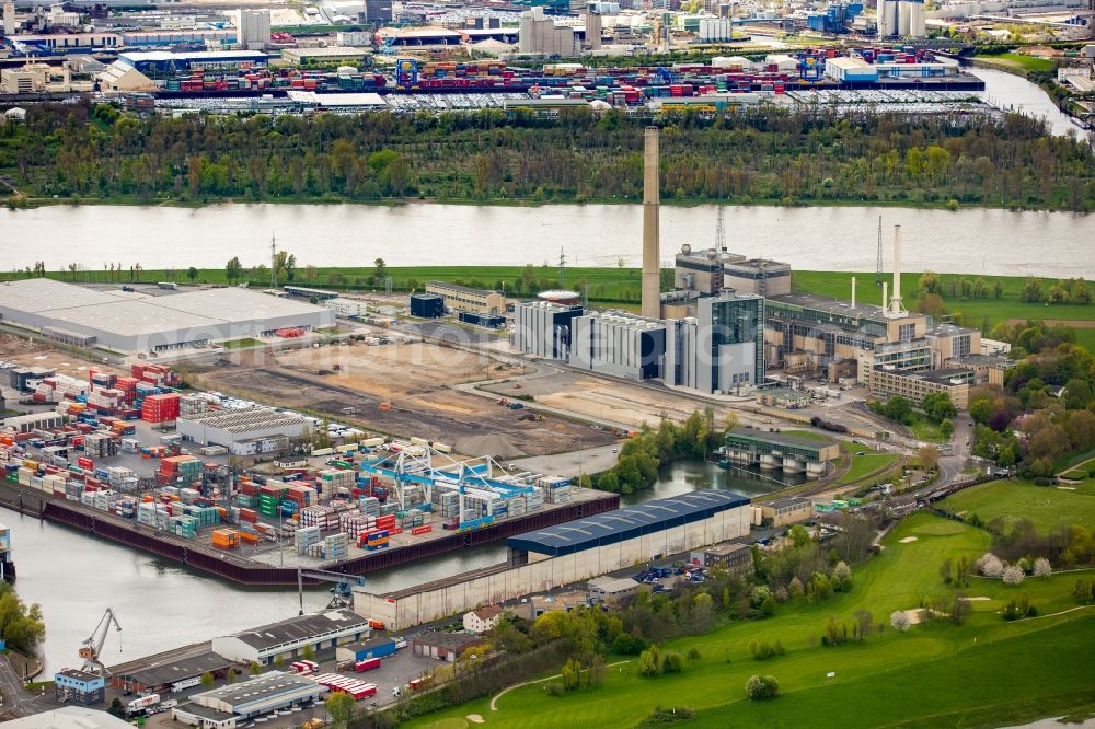 Düsseldorf from the bird's eye view: Site of the gas and steam turbine power station Auf der Lausward at the premises of Duesseldorfer Container Hafen DCH in the South of Duesseldorf in the state of North Rhine-Westphalia