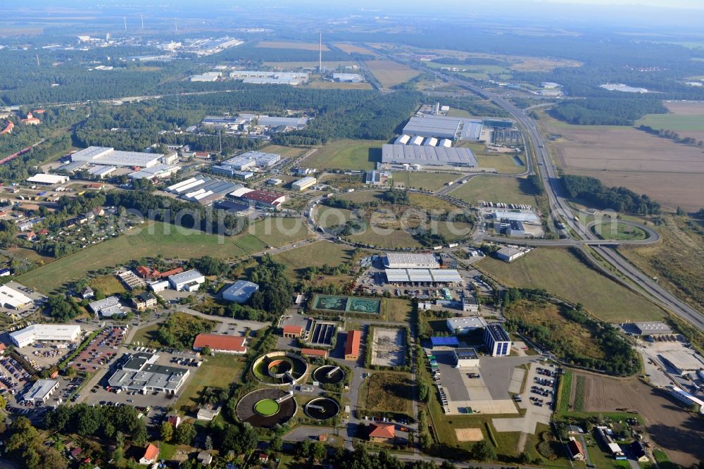 Ludwigsfelde from the bird's eye view: View at the site of the business park Preussenpark Ludwigsfelde in the federal state of Brandenburg. It is operarted by the EMG Projekt business park Ludwigsfelde / Löwenbruch Ltd