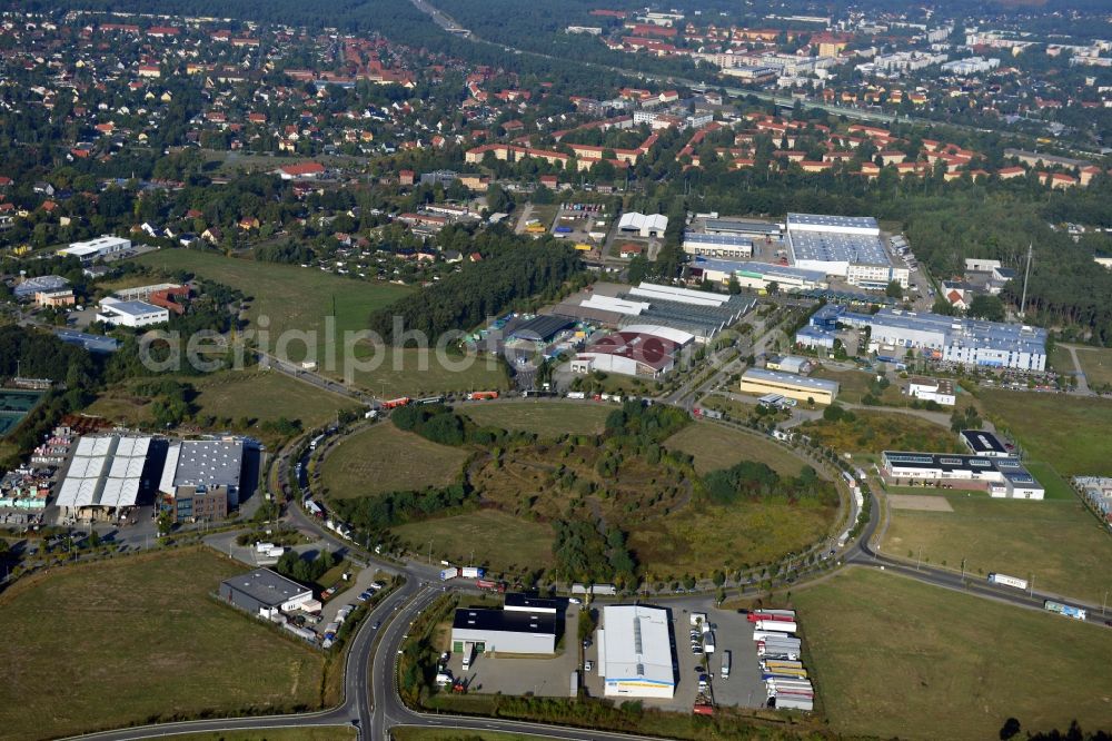 Ludwigsfelde from the bird's eye view: View at the site of the business park Preussenpark Ludwigsfelde in the federal state of Brandenburg. It is operarted by the EMG Projekt business park Ludwigsfelde / Löwenbruch Ltd