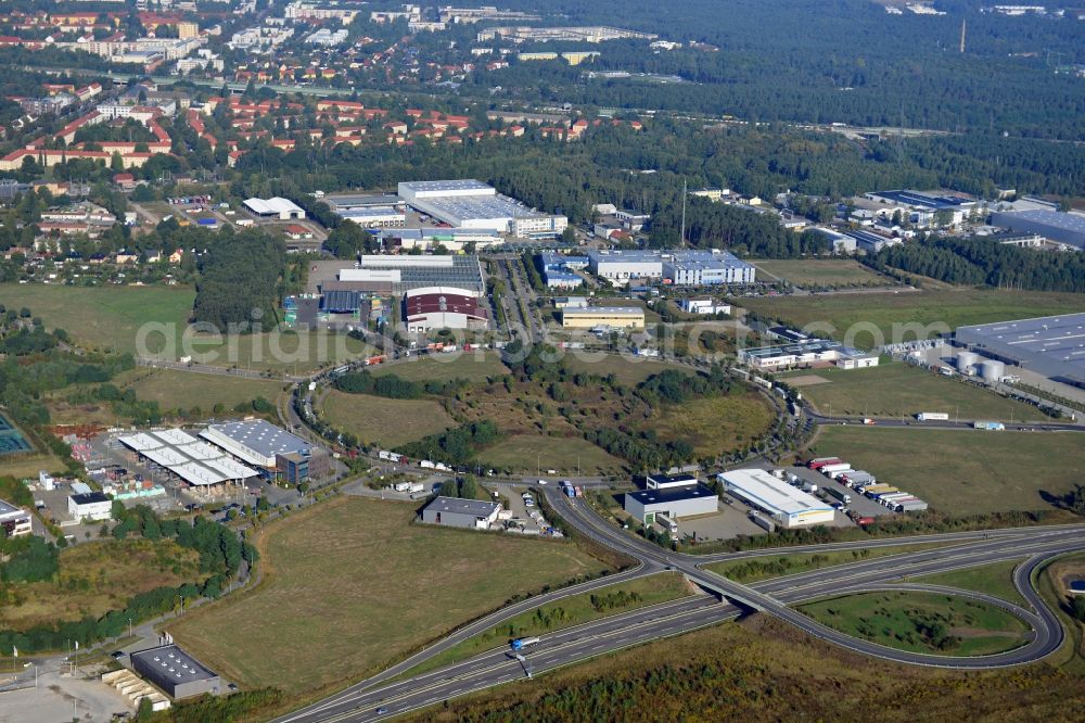 Ludwigsfelde from the bird's eye view: View at the site of the business park Preussenpark Ludwigsfelde in the federal state of Brandenburg. It is operarted by the EMG Projekt business park Ludwigsfelde / Löwenbruch Ltd