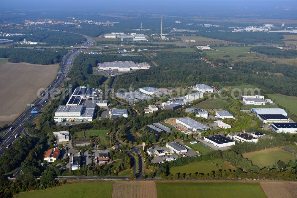 Ludwigsfelde from above - View at the site of the business park Brandenburg Park in Ludwigsfelde in the federal state of Brandenburg. It is operarted by the Brandenburg Park Immobilien GmbH