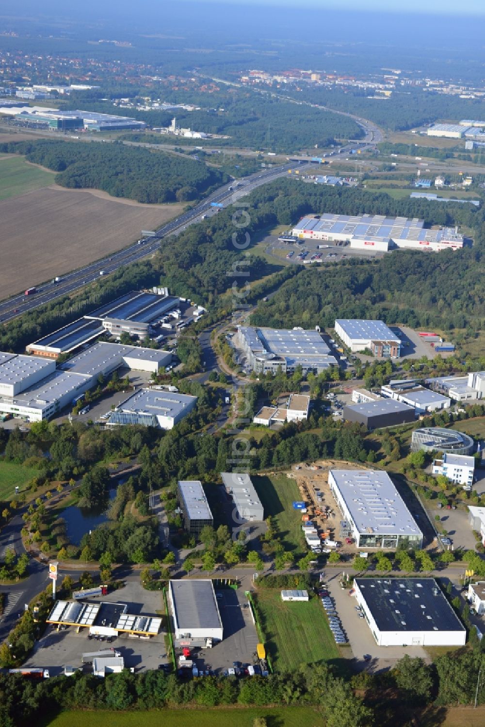 Aerial image Ludwigsfelde - View at the site of the business park Brandenburg Park in Ludwigsfelde in the federal state of Brandenburg. It is operarted by the Brandenburg Park Immobilien GmbH