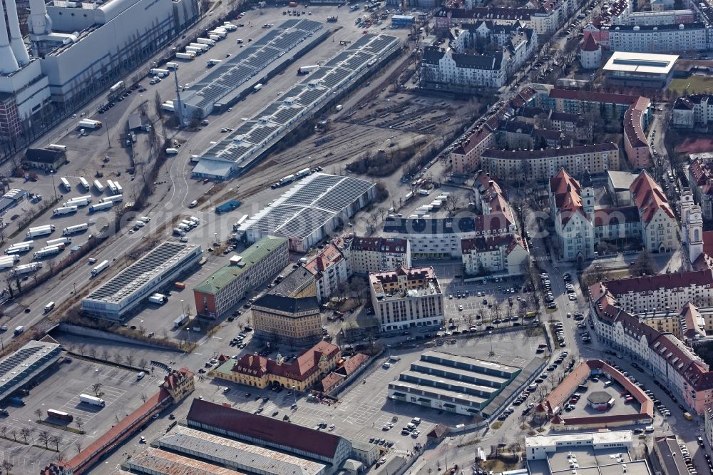 Aerial photograph München - 2017-02-27 Grounds of the wholesale market hall in Munich Sendling in the state of Bavaria. The Grossmarkthalle at Schaeftlarnstrasse near the river Isar is a market for food and flowers