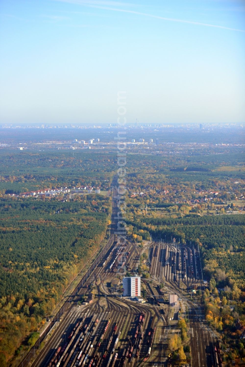 Aerial image Neuseddin - View of the freight depot and railway yard in Neuseddin in the state Brandenburg. It is one of the most important railway yards at DB InfraGO AG in East Germany