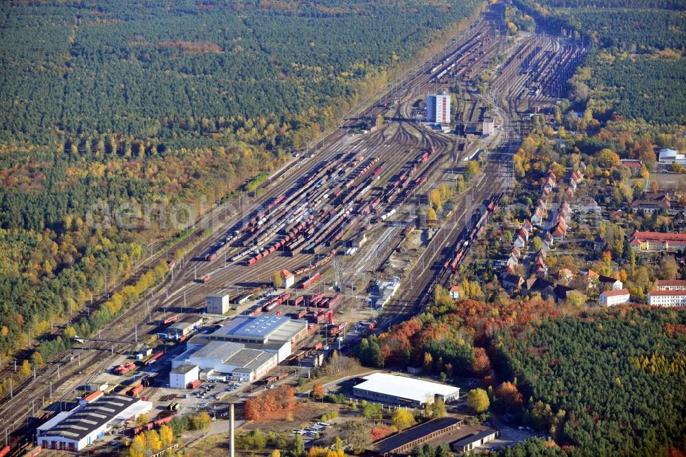 Neuseddin from above - View of the freight depot and railway yard in Neuseddin in the state Brandenburg. It is one of the most important railway yards at DB InfraGO AG in East Germany