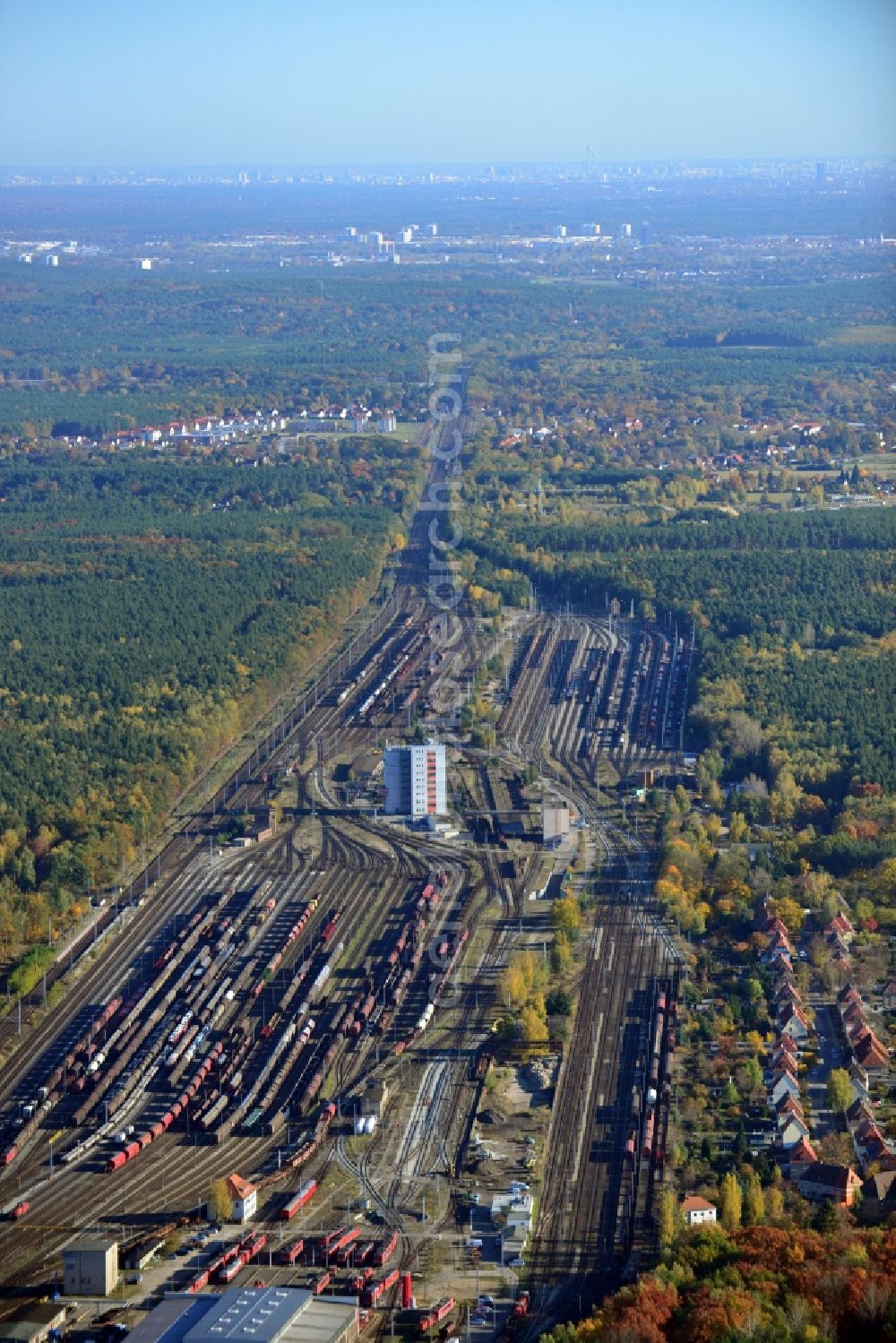 Neuseddin from the bird's eye view: View of the freight depot and railway yard in Neuseddin in the state Brandenburg. It is one of the most important railway yards at DB InfraGO AG in East Germany