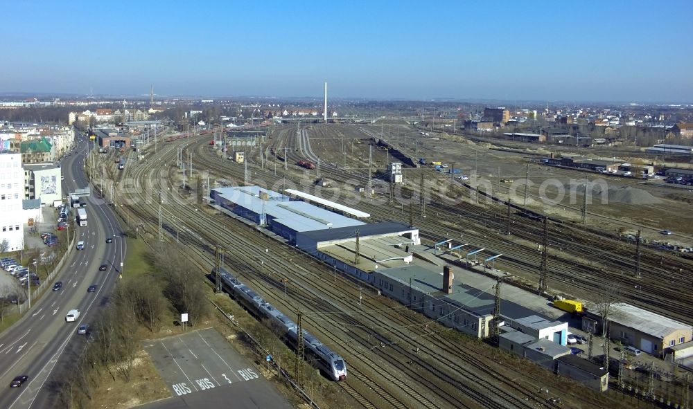 Aerial image Halle - The goods station of Halle-Saale in Saxony-Anhalt is used as a unilateral marshalling yard for several years. It is an important transport hub for freight transport in central Germany