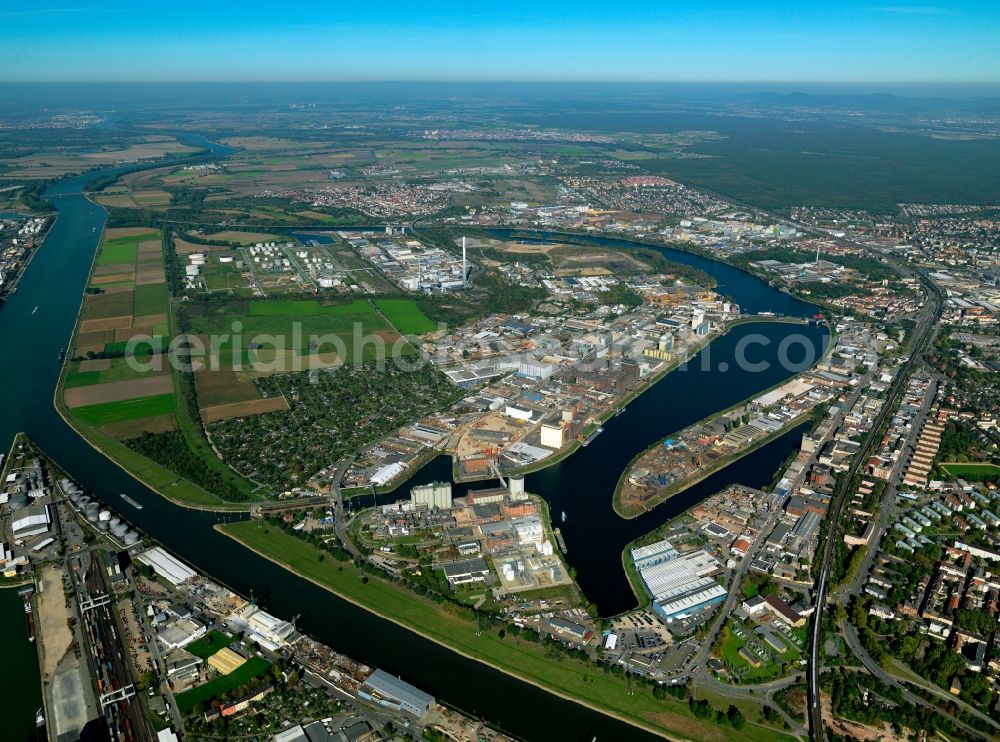 Mannheim from above - Site of the port State of Mannheim Rhein Neckar Port of Mannheim GmbH (HGM) in Mannheim in Baden-Württemberg