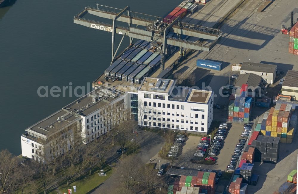 Duisburg from the bird's eye view: Grounds of the Port Authority of Duisport container terminal in Duisburg Logport I - West in the Ruhr area in North Rhine-Westphalia