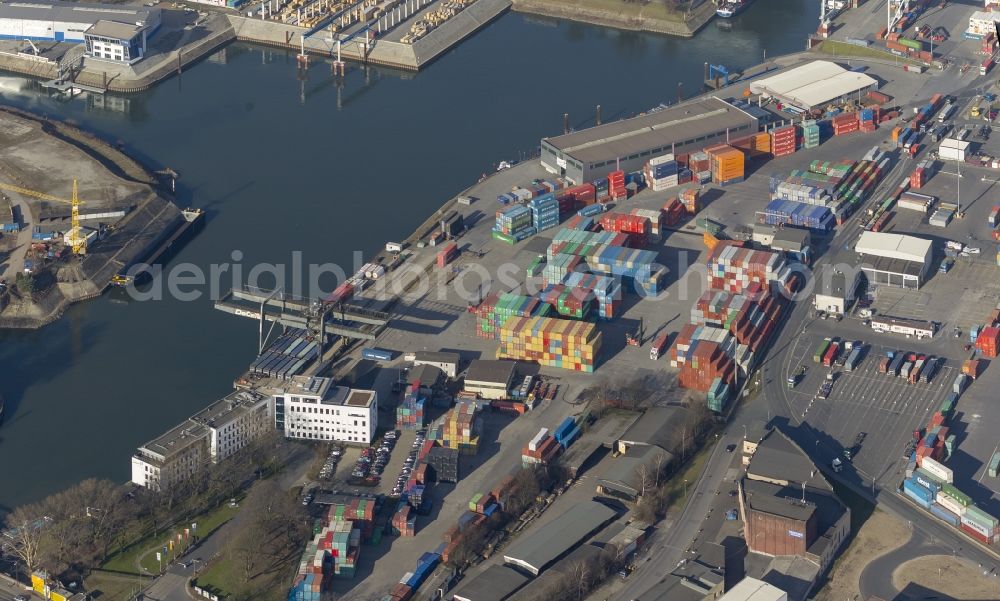 Aerial image Duisburg - Grounds of the Port Authority of Duisport container terminal in Duisburg Logport I - West in the Ruhr area in North Rhine-Westphalia