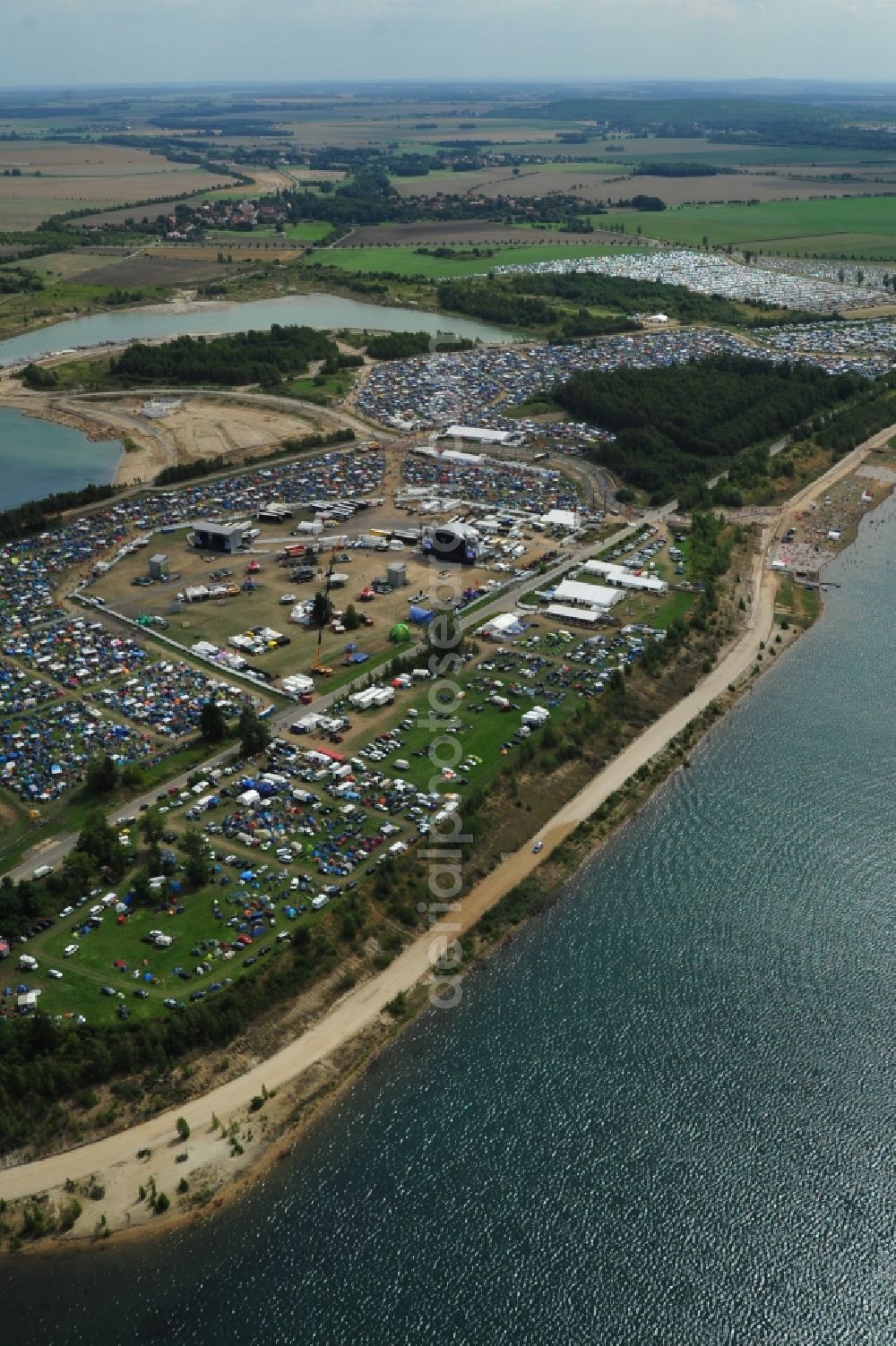 Großpösna from above - View at the Area of the Higfield Festival, the most important Independent Rock estival in east germany riparian Lake stoermthal near Grosspoesna, saxony