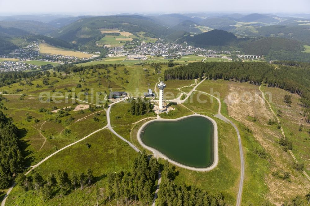 Willingen from the bird's eye view: Hochheide tower and the lake Bergsee on the Ettelsberg in Willingen in Hesse