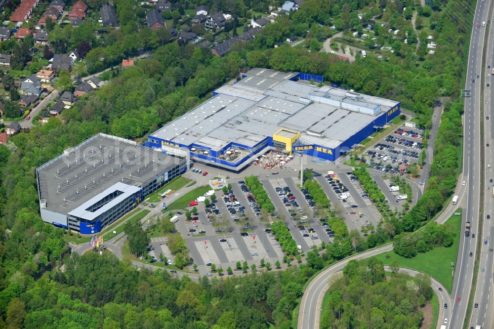 Hamburg Schnelsen from the bird's eye view: Grounds of the IKEA furniture store and furniture store on the motorway BAB A7 Schnelsen - Nord in Hamburg