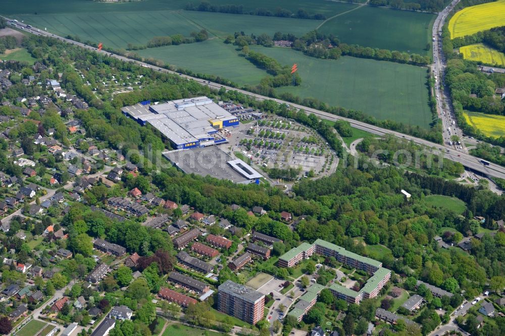 Hamburg Schnelsen from the bird's eye view: Grounds of the IKEA furniture store and furniture store on the motorway BAB A7 Schnelsen - Nord in Hamburg