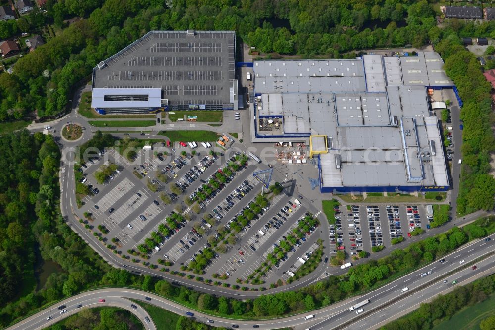 Hamburg Schnelsen from the bird's eye view: Grounds of the IKEA furniture store and furniture store on the motorway BAB A7 Schnelsen - Nord in Hamburg