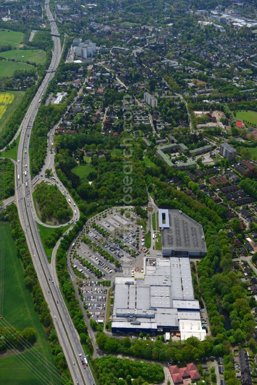 Hamburg Schnelsen from above - Grounds of the IKEA furniture store and furniture store on the motorway BAB A7 Schnelsen - Nord in Hamburg