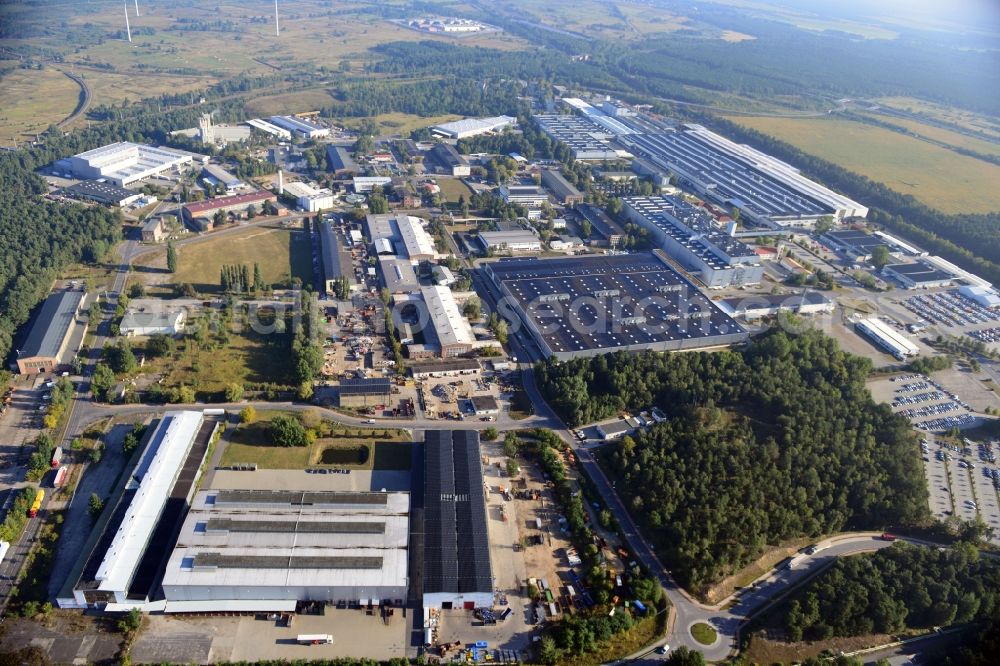 Ludwigsfelde from above - View at the site of the industrial park Am Birkengrund in Ludwigsfelde in the federal state of Brandenburg. Among other the company MTU, Mercedes-Benz Ludwigsfelde GmbH and Thyssen-Krupp are settled here. Operators for the industrial park east are the GESA society of development and renovation of abandoned sites mbH and for the industrial park west the IPG Infrastructure and Project Development Company