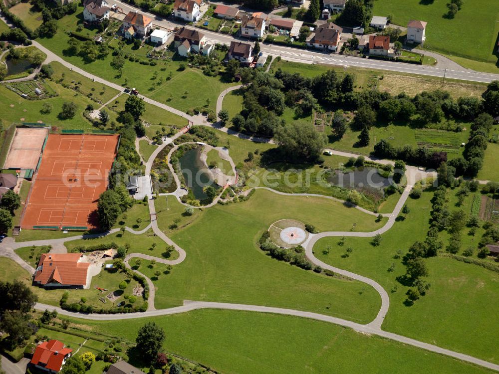 Aerial photograph Bonndorf - Environment of the japanese garden in Bonndorf. The japanese garden in Bonndorf is unique in the Hochschwarzwald region. It belongs to the castle of Bonndorf