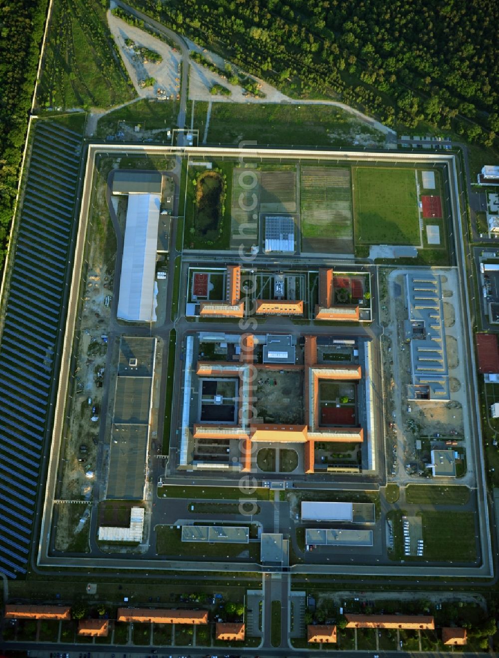 Brandenburg an der Havel from the bird's eye view: View of the Brandenburg-Görden Prison in the state Brandenburg. Expansion areas are currently in the planning and development. Furthermore the prison has been equipped with photovoltaics and a solar system