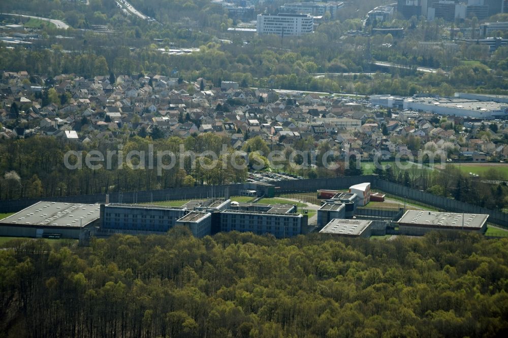 Bois-d'Arcy from above - Prison grounds and high security fence Prison in Bois-d'Arcy in Ile-de-France, France