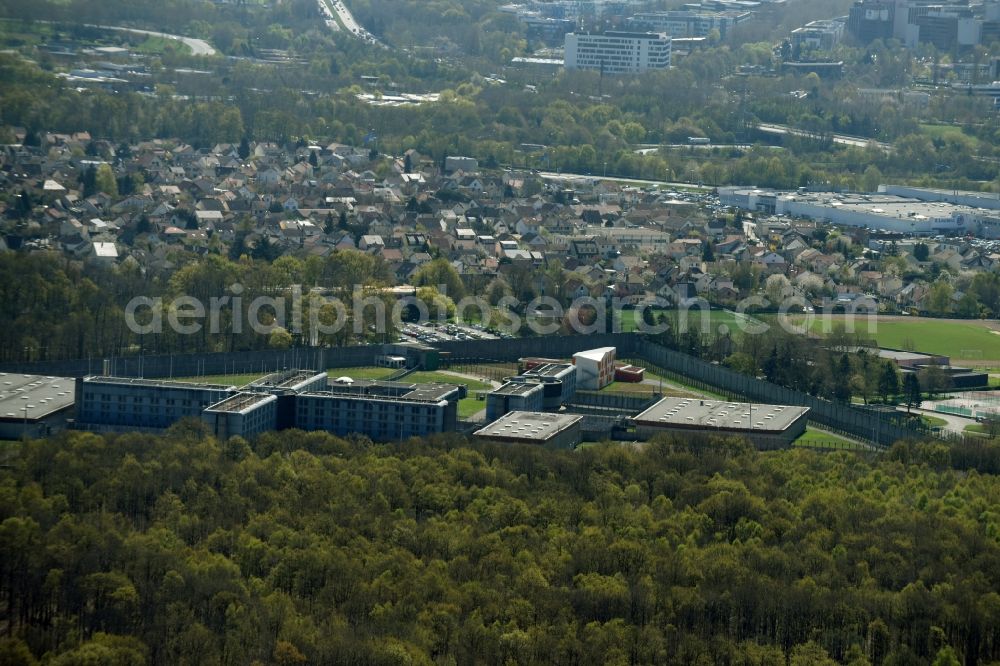 Bois-d'Arcy from above - Prison grounds and high security fence Prison in Bois-d'Arcy in Ile-de-France, France