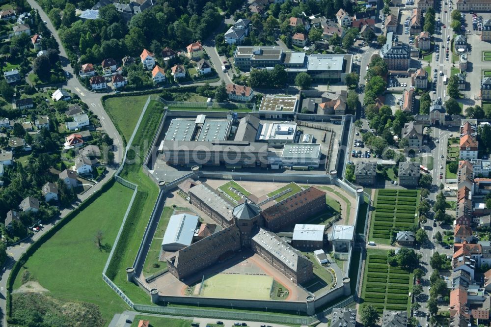 Bruchsal from the bird's eye view: Prison grounds and high security fence Prison in Bruchsal in the state Baden-Wuerttemberg