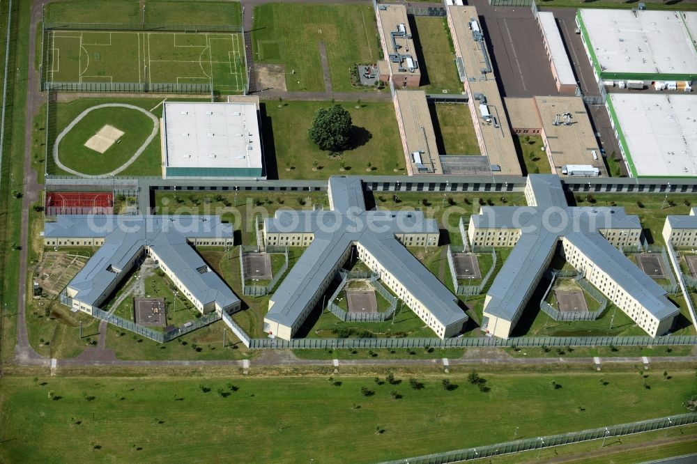 Burg from the bird's eye view: Prison grounds and high security fence Prison in Burg in the state Saxony-Anhalt