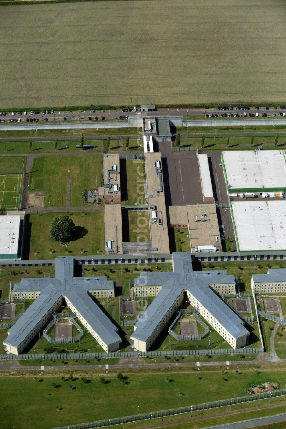 Burg from above - Prison grounds and high security fence Prison in Burg in the state Saxony-Anhalt