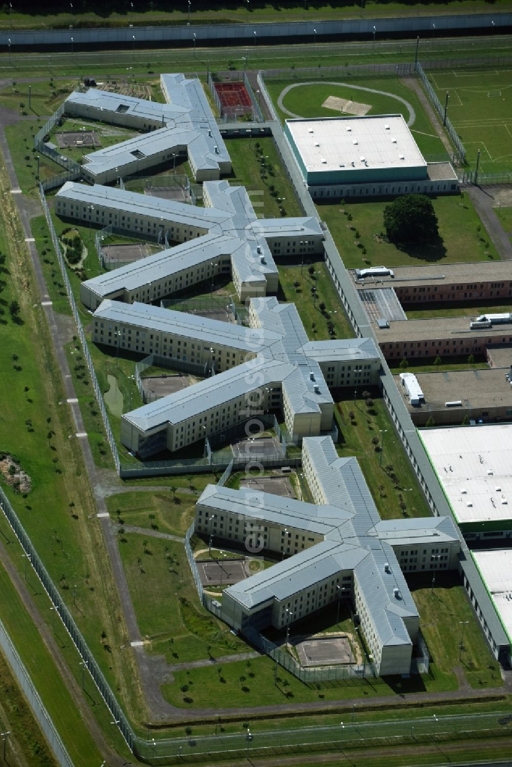 Burg from above - Prison grounds and high security fence Prison in Burg in the state Saxony-Anhalt