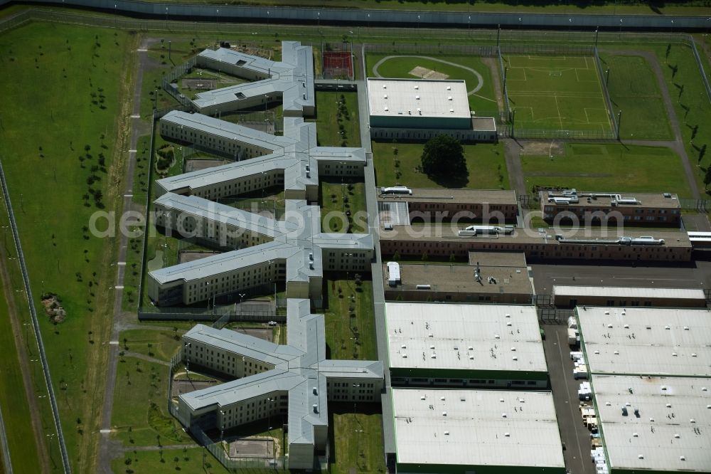 Aerial photograph Burg - Prison grounds and high security fence Prison in Burg in the state Saxony-Anhalt