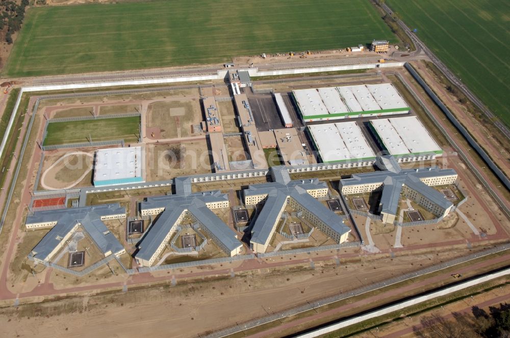 Burg from the bird's eye view: Prison grounds and high security fence Prison in Burg in the state Saxony-Anhalt