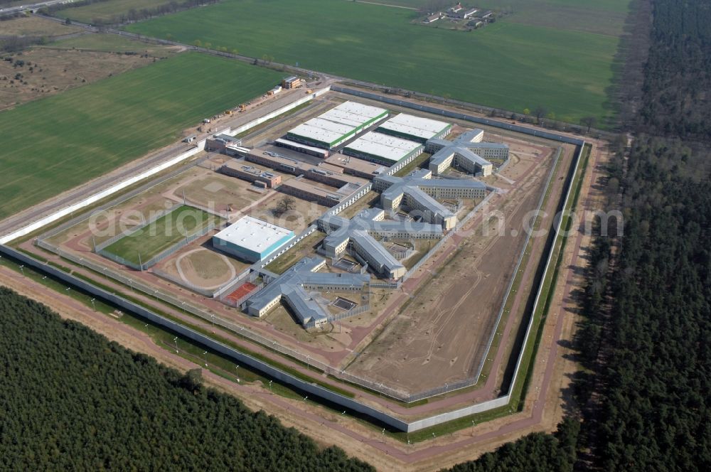 Burg from the bird's eye view: Prison grounds and high security fence Prison in Burg in the state Saxony-Anhalt