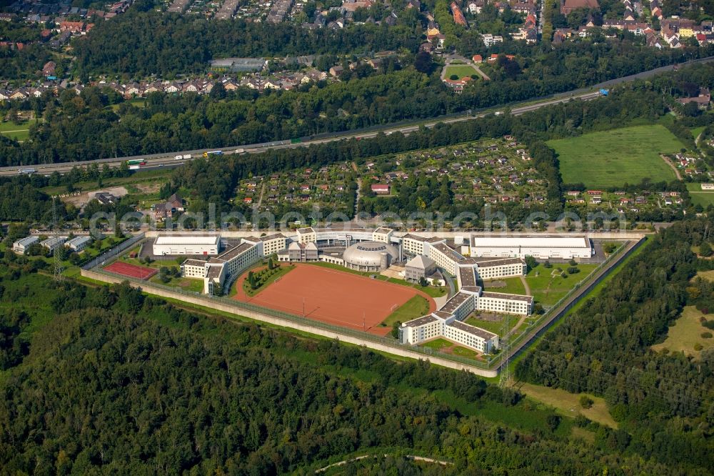 Gelsenkirchen from above - Prison grounds and high security fence Prison in Gelsenkirchen in the state North Rhine-Westphalia