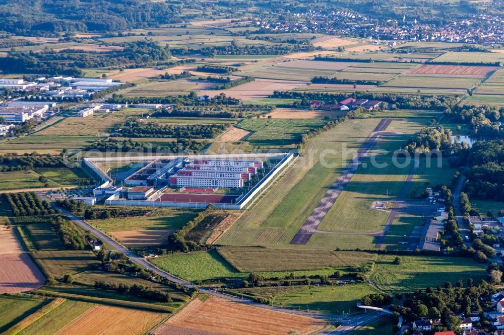 Offenburg from above - Prison grounds and high security fence Prison Justizvollzugsanstalt Offenburg on Flugplatz Offenburg-Baden in Offenburg in the state Baden-Wuerttemberg, Germany