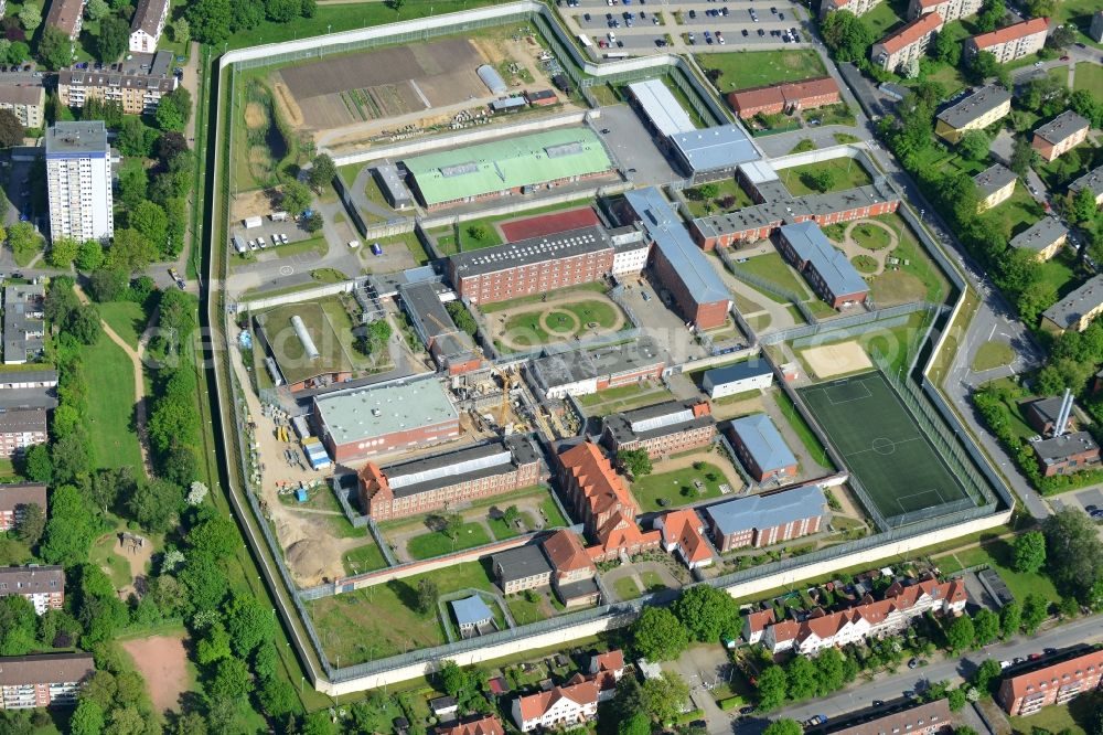 Lübeck from above - Prison grounds and high security fence Prison in Luebeck in the state Schleswig-Holstein