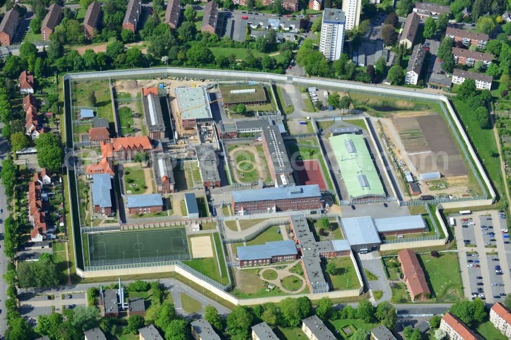 Lübeck from above - Prison grounds and high security fence Prison in Luebeck in the state Schleswig-Holstein