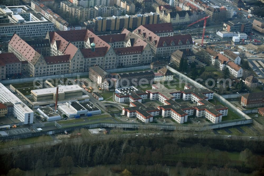 Nürnberg from above - Prison grounds and high security fence Prison in Nuremberg in the state Bavaria