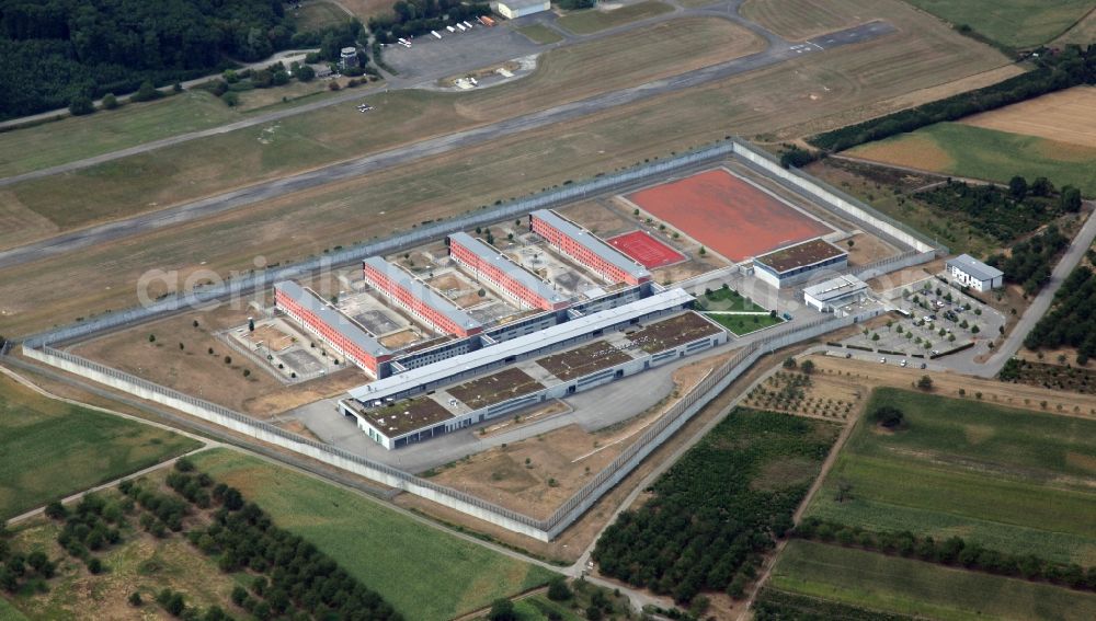 Offenburg from above - Prison grounds and high security fence Prison in Offenburg in the state Baden-Wuerttemberg. Behind the prison is situated the aerodrome Offenburg-Baden, ICAO Code EDTO, a special airfield