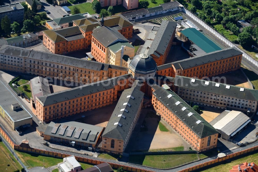 Pilsen from above - Prison grounds and high security fence Prison in Pilsen in Boehmen, Czech Republic