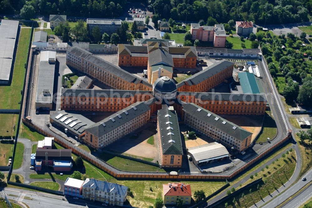 Pilsen from the bird's eye view: Prison grounds and high security fence Prison in Pilsen in Boehmen, Czech Republic