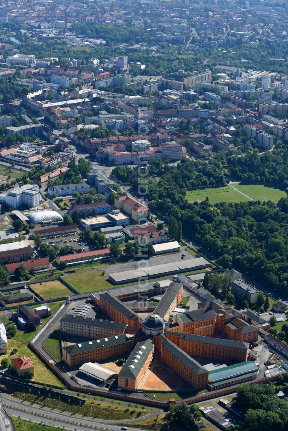 Pilsen from above - Prison grounds and high security fence Prison in Pilsen in Boehmen, Czech Republic