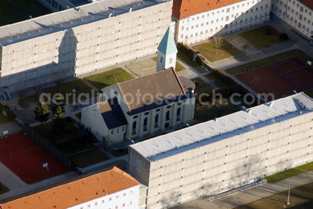 München from above - Prison grounds and security fencing of JVA Prison at Stadelheimer Strasse in Munich, Giesing, in the state of Bavaria