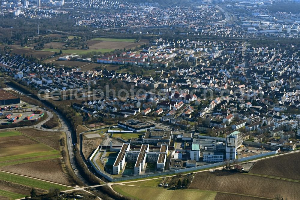 Stuttgart from above - Prison grounds and high security fence Prison Stuttgart along the Asperger Strasse in the district Stammheim in Stuttgart in the state Baden-Wurttemberg, Germany