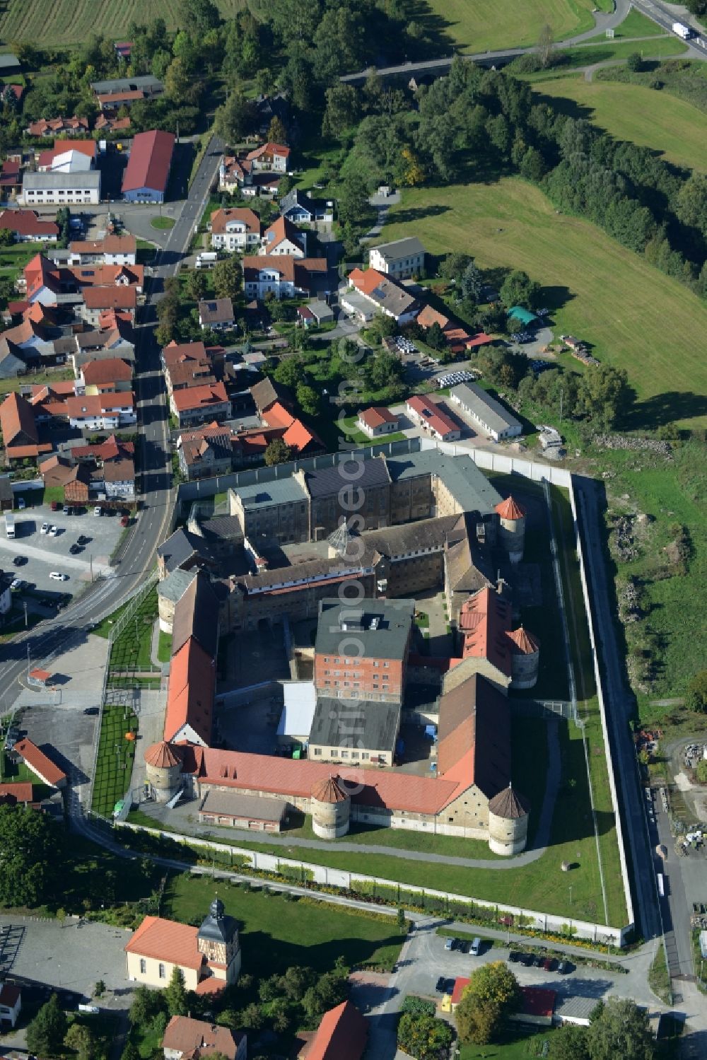 Untermaßfeld from above - Prison grounds and high security fence Prison in Untermassfeld in the state Thuringia