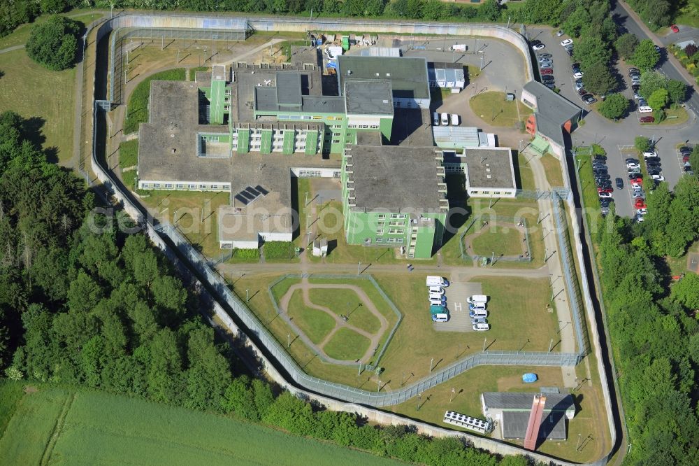 Aerial image Fröndenberg/Ruhr - Prison premises and secure fencing of the JVA - correctional hospital - prison hospital in Froendenberg/Ruhr in the state North Rhine-Westphalia