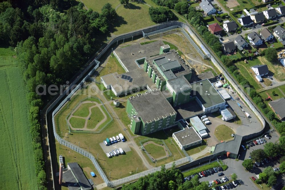 Fröndenberg/Ruhr from the bird's eye view: Prison premises and secure fencing of the JVA - correctional hospital - prison hospital in Froendenberg/Ruhr in the state North Rhine-Westphalia