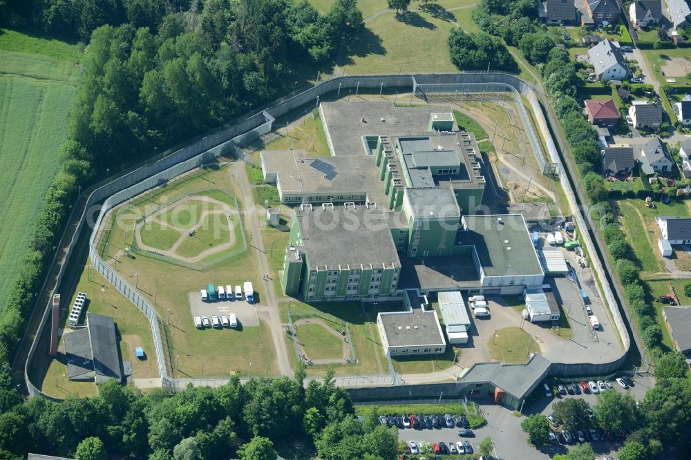 Aerial image Fröndenberg/Ruhr - Prison premises and secure fencing of the JVA - correctional hospital - prison hospital in Froendenberg/Ruhr in the state North Rhine-Westphalia