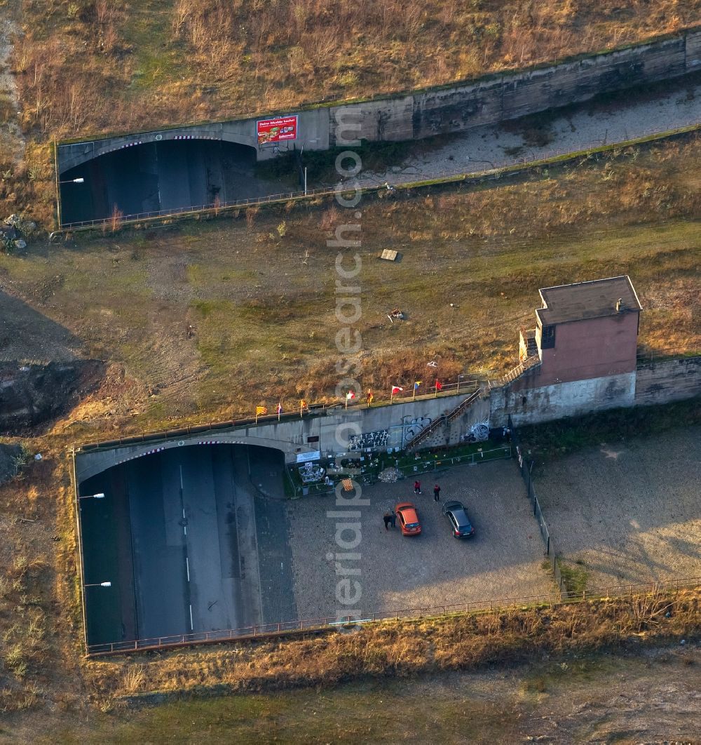Aerial image Duisburg - View site on Karl-Lehr tunnel, the former home to the Love Parade in Duisburg in North Rhine-Westphalia. The road tunnel in the industrial wasteland was in 2010 the scene of the tragedy of 21 people fatally injured during a stampede at the Love Parade event