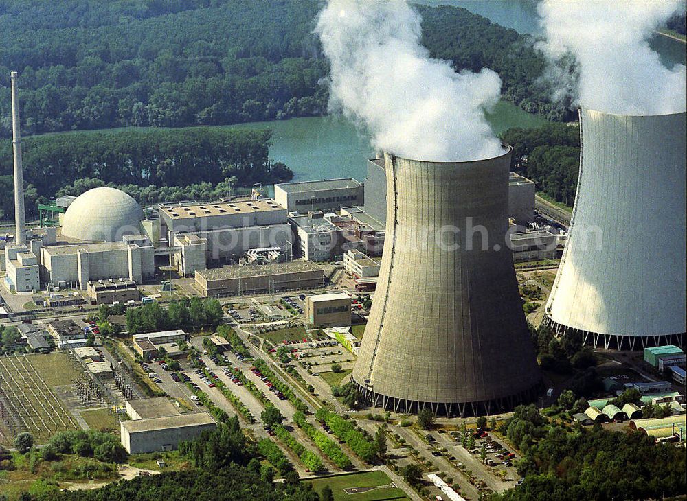 Philippsburg from above - Blick auf das Gelände des Kernkraftwerk Philippsburg (KKP) befindet sich nahe Philippsburg im Landkreis Karlsruhe, Baden-Württemberg. Das KKP wird von der EnBW Kernkraft GmbH betrieben. Look at the site of the nuclear power station Phillipsburg (PPP) is located near Philipsburg in the district of Karlsruhe, Baden-Württemberg. The PPP is operated by EnBW Kernkraft GmbH.