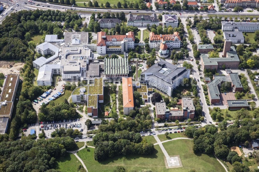 München from the bird's eye view: Clinic area of a??a??the hospital Clinic Third Order in the district Neuhausen-Nymphenburg in Munich in the state Bavaria, Germany